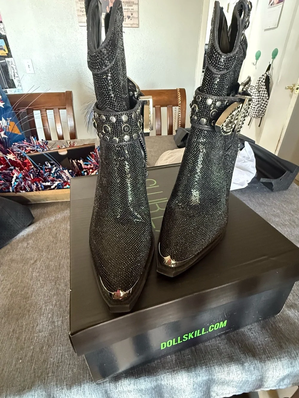All 3 boots Dolls Kill Silver , black and pink Crystal Buckle Ankle Boots